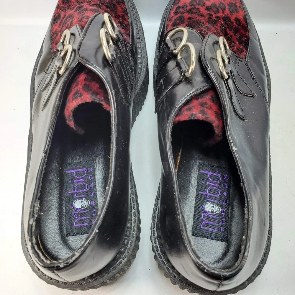 Morbid Threads Creeper Shoes Womens 10 Black Red Leopard Goth Platform NO LACES